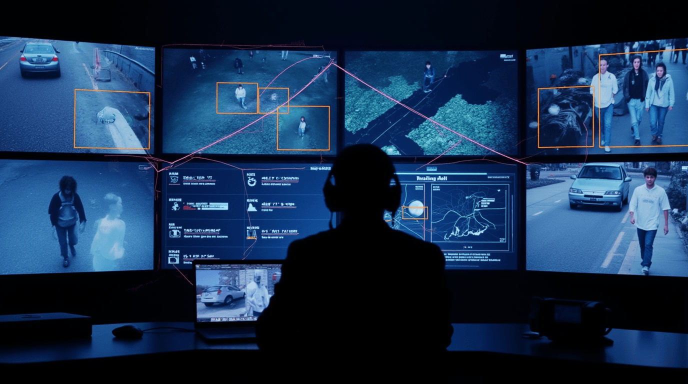 Monitoring room with screens displaying real-time video surveillance archives