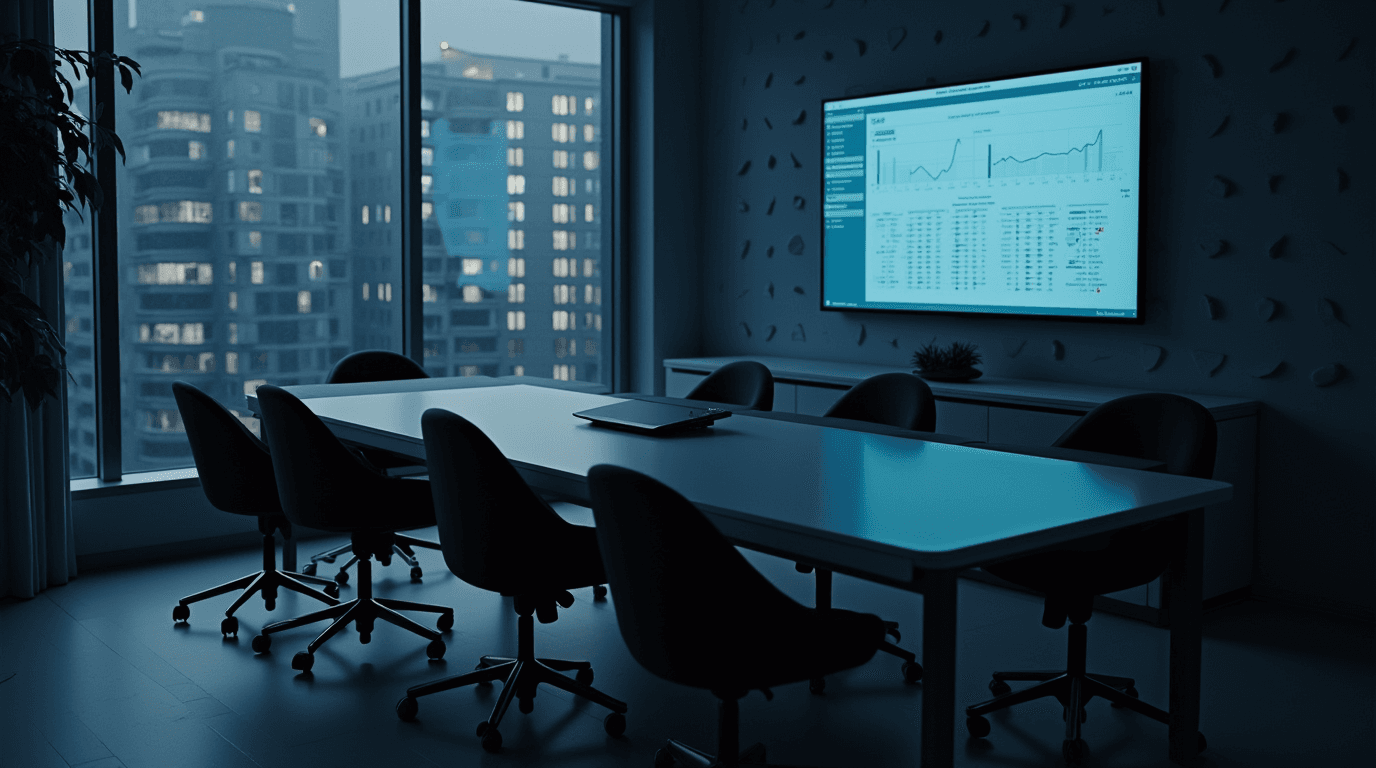 Modern conference room with corporate television on screen