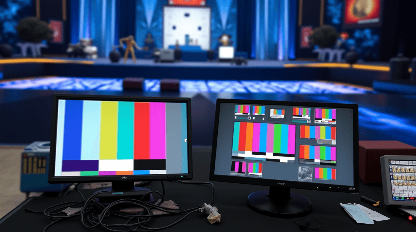 Two monitors with test patterns during preparation for an online broadcast