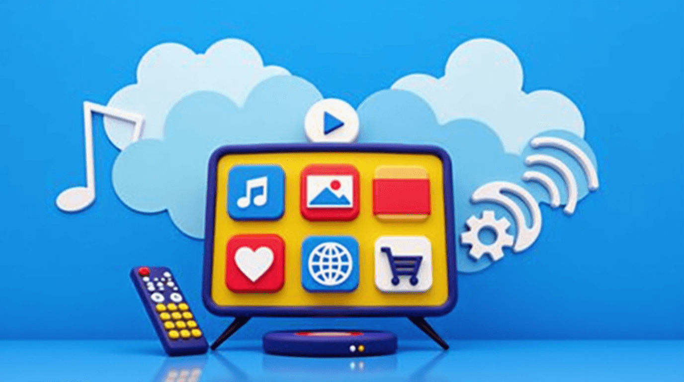 Screen with app icons and cloud broadcasting symbols representing OTT services