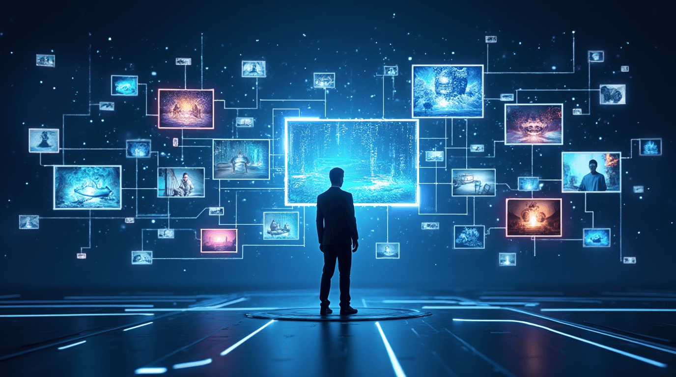 A person in a futuristic environment with digital data streams and streaming technologies