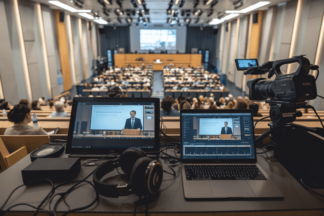 Broadcasting a lecture in a conference hall using broadcasting software.