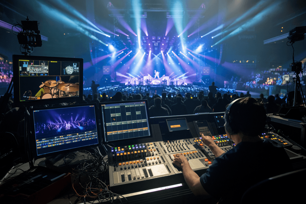 Operador em um concerto gerenciando a transmissão usando software para transmissões.