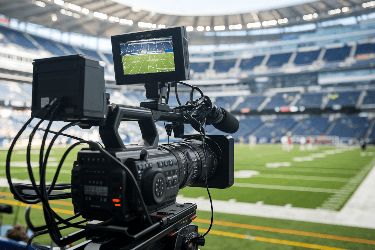 Câmera profissional filmando um evento esportivo em um estádio, gerenciada através de software para transmissões.