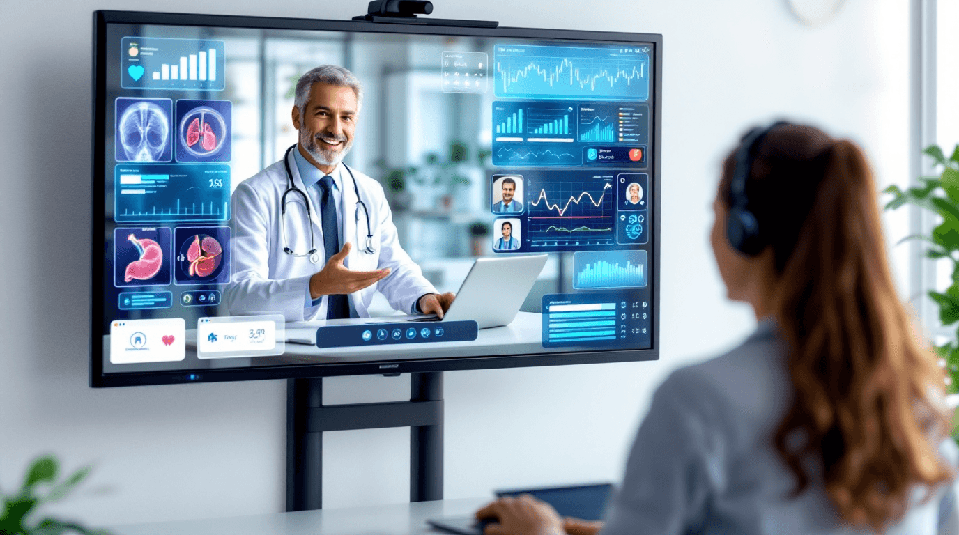 Chamada de vídeo entre médico e paciente em tela com interface de vídeo médico