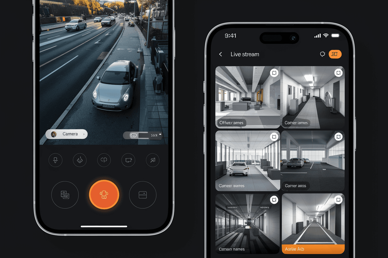 Two smartphones with video surveillance application showing camera video streams