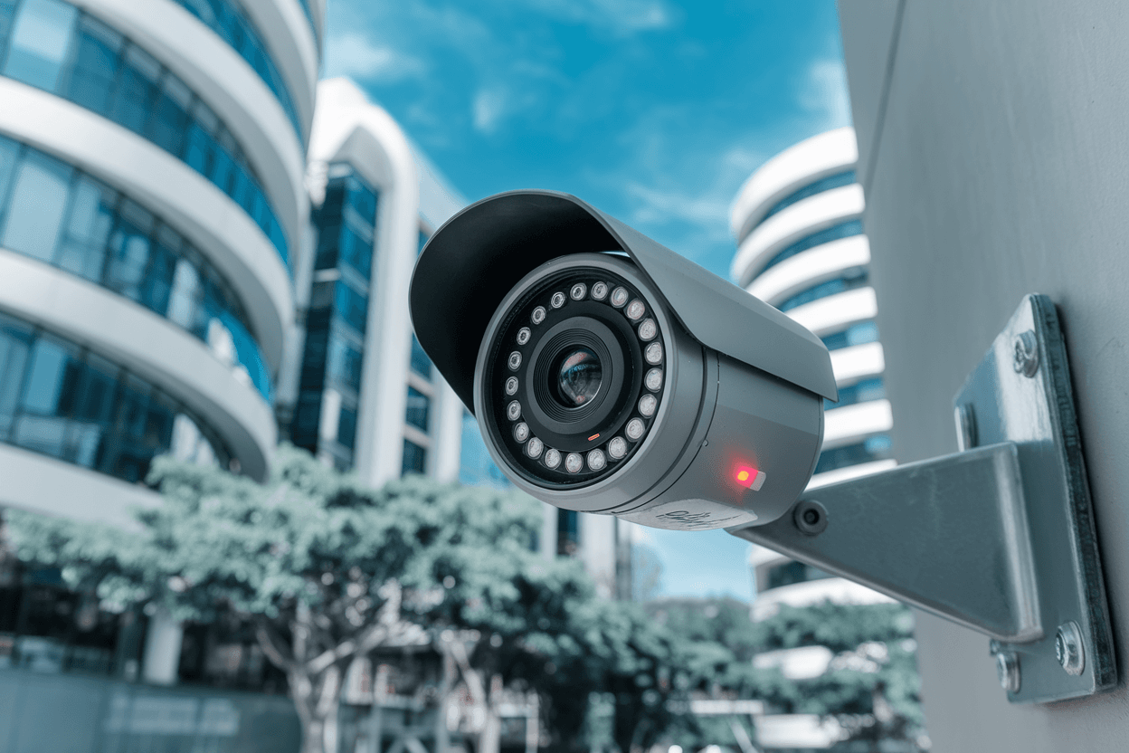 Street surveillance camera mounted on a wall