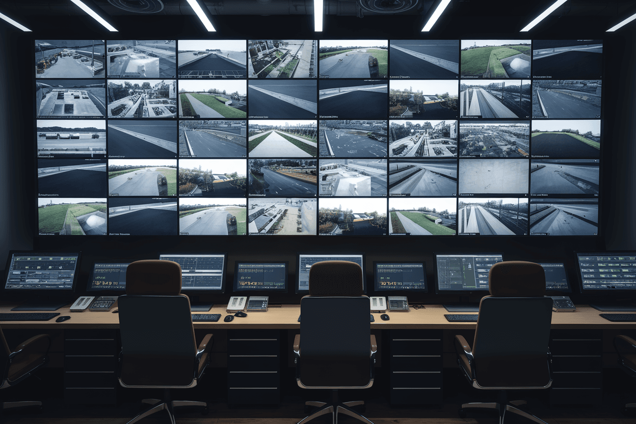 Modern video surveillance control center with multiple screens demonstrating video surveillance software