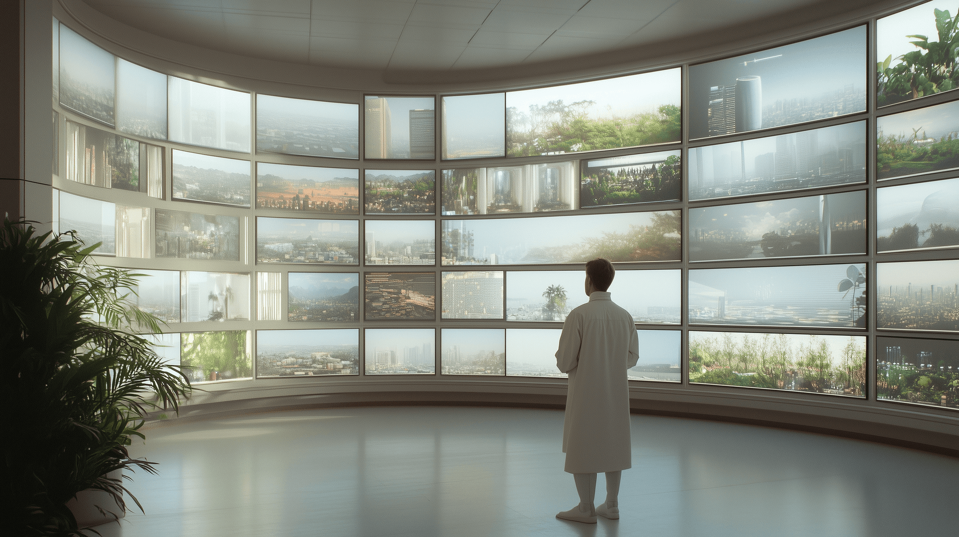 Person in a room with a huge wall of screens displaying video related to monitoring through a video server
