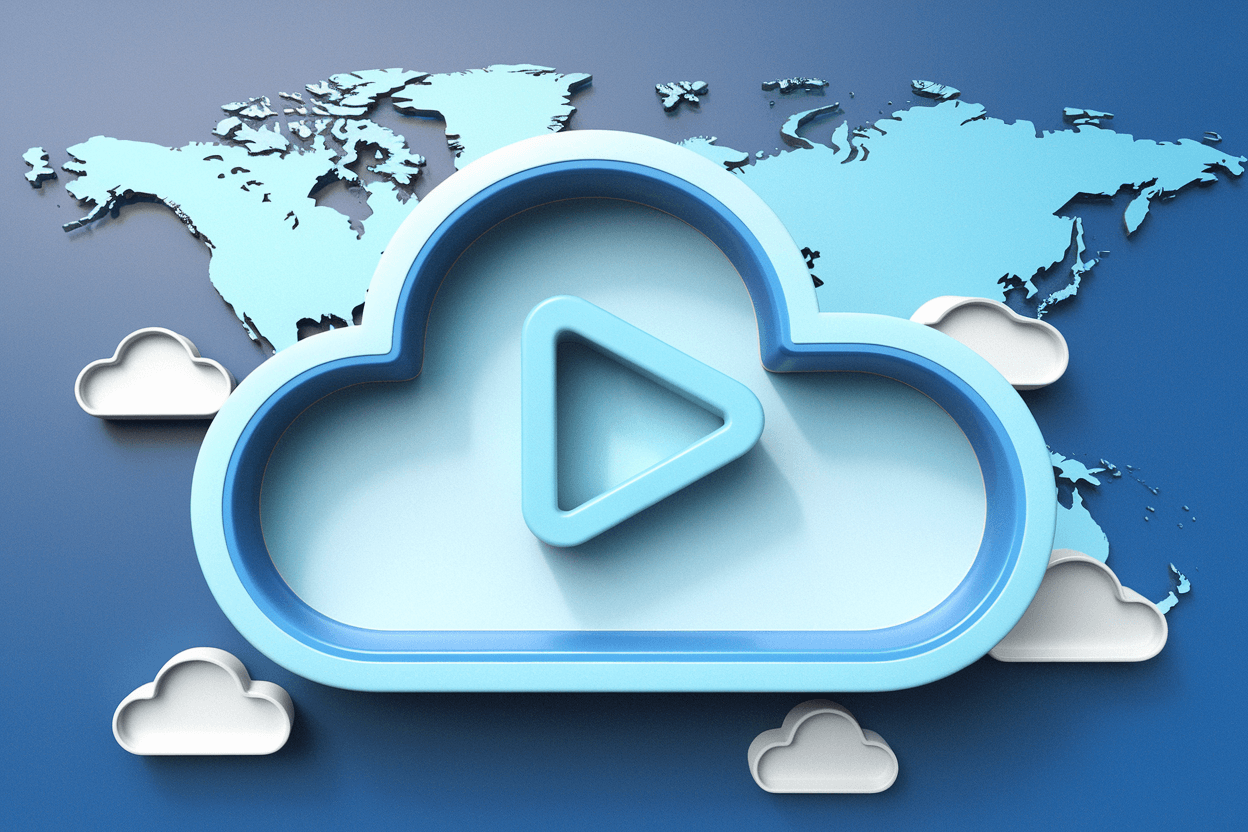 Cloud icon with a play button against a world map background, symbolizing a video server