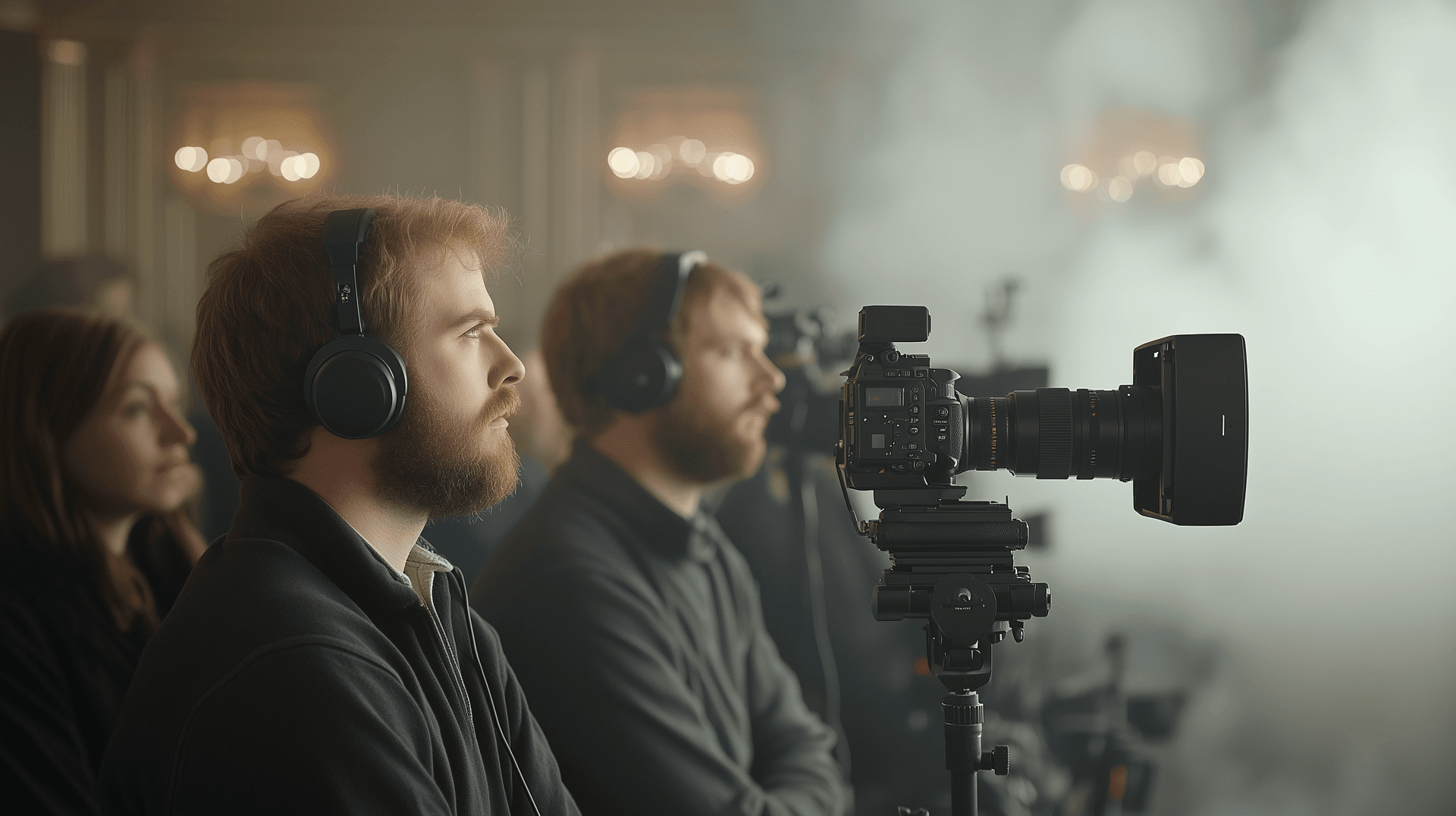 Operators with cameras at an event, providing video capture for processing on a video server
