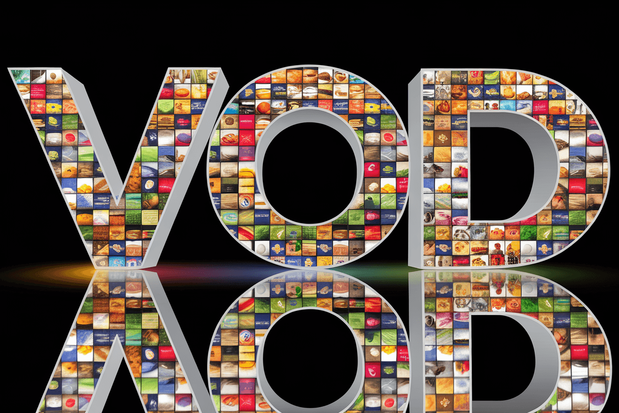 VOD abbreviation composed of many video content thumbnails, symbolizing video server operation