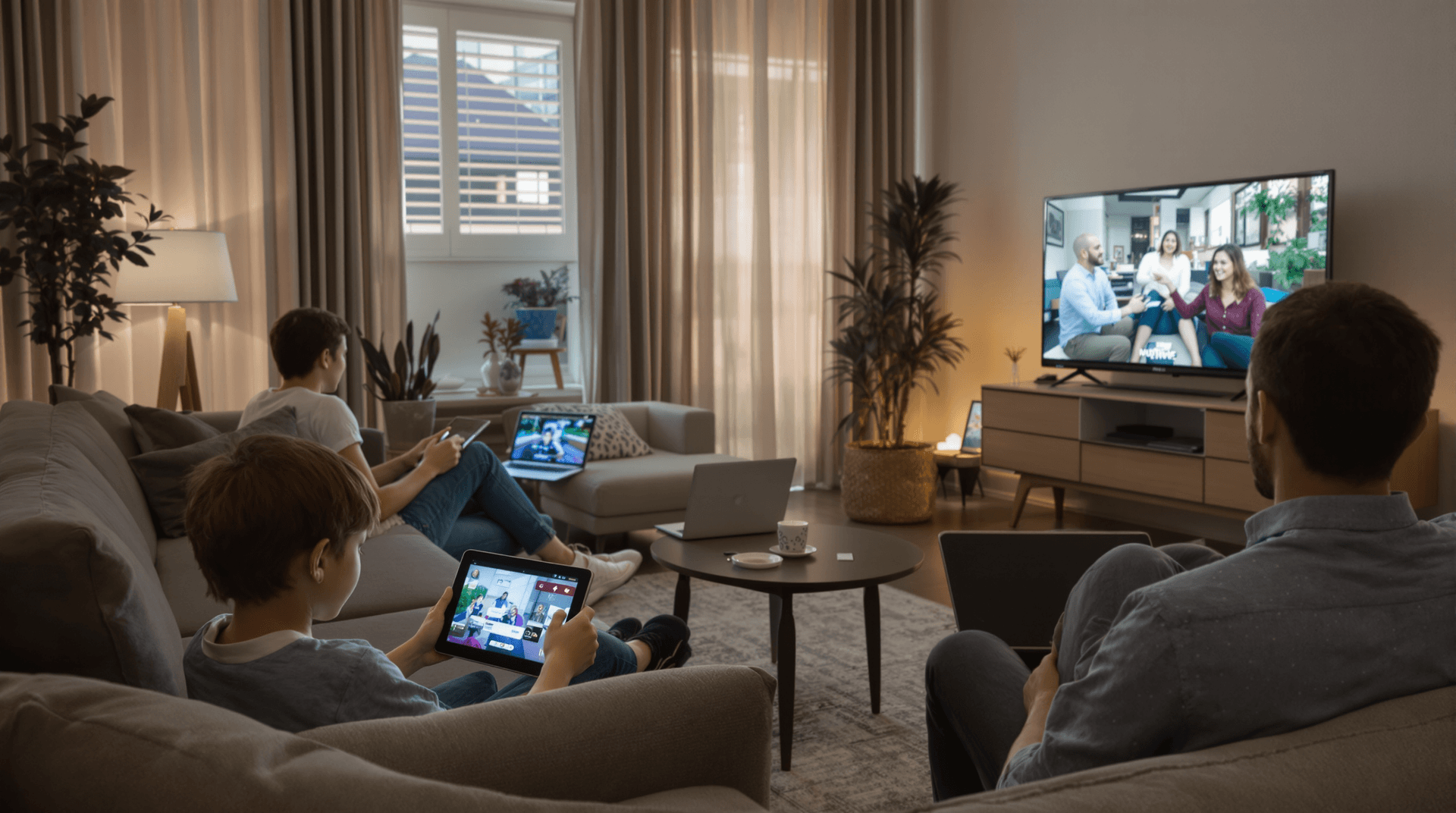 Family in a modern living room using different devices for video streaming.