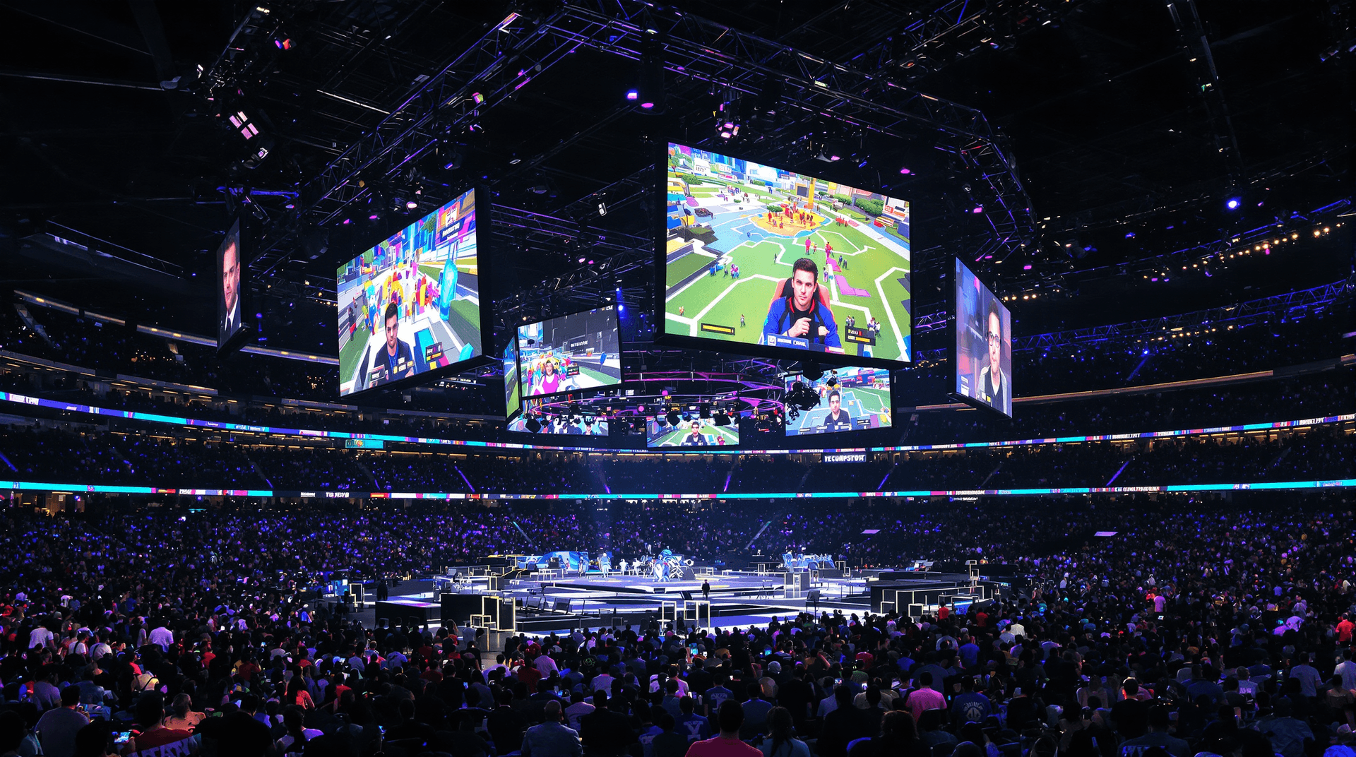 Esports tournament in a stadium with a large audience and video streaming screens.