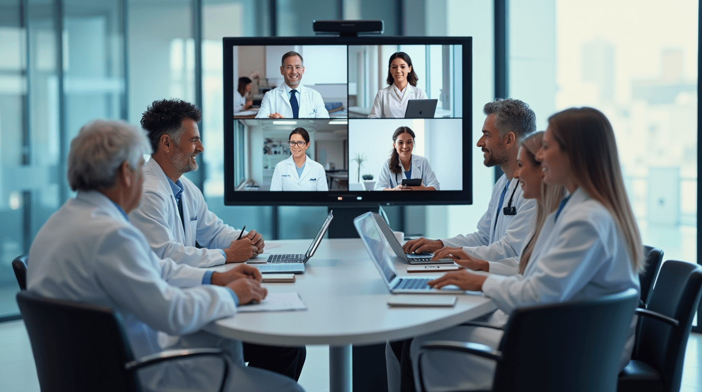Group of doctors in a video conference discussing medical issues, using modern technologies for telemedicine in a hospital
