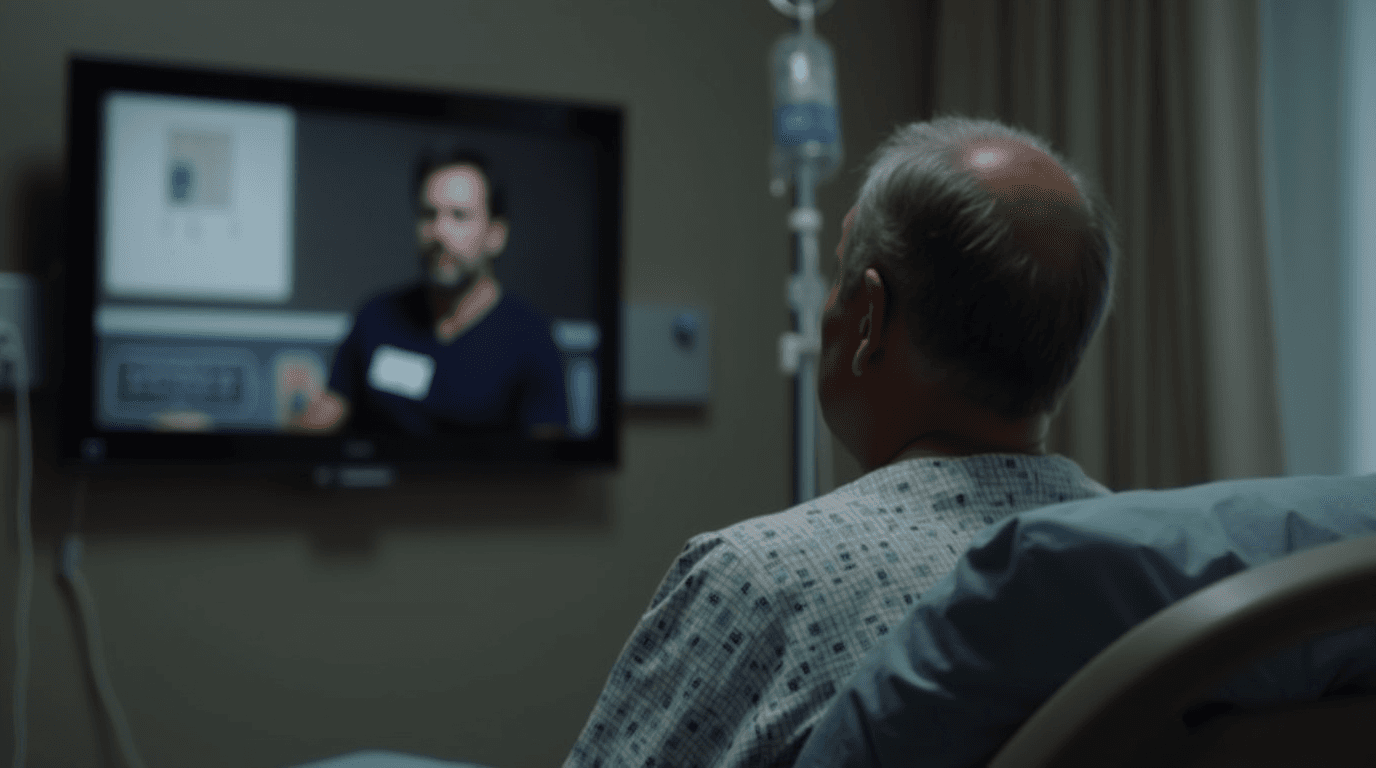 Patient in a hospital room watching TV demonstrating the use of television in medical institutions