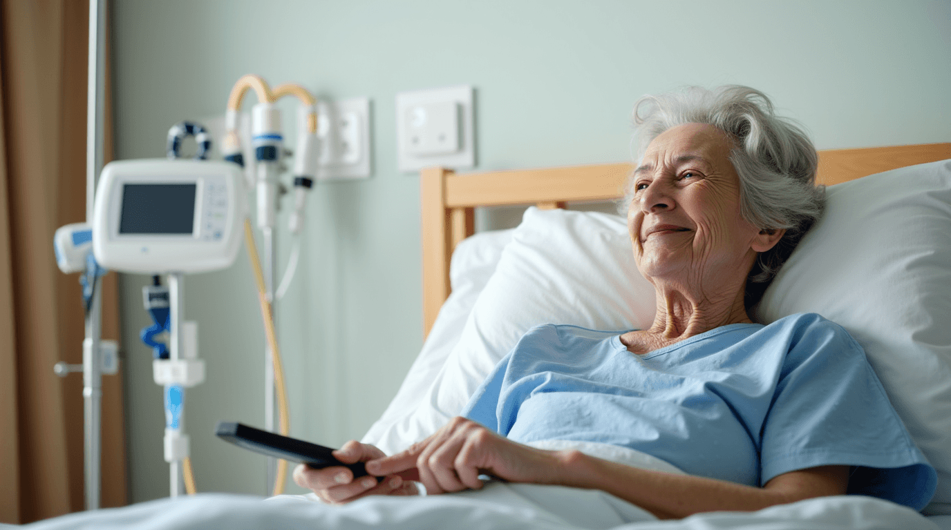 Elderly woman in a hospital room watching TV, holding a remote control, demonstrating the use of television in medical institutions