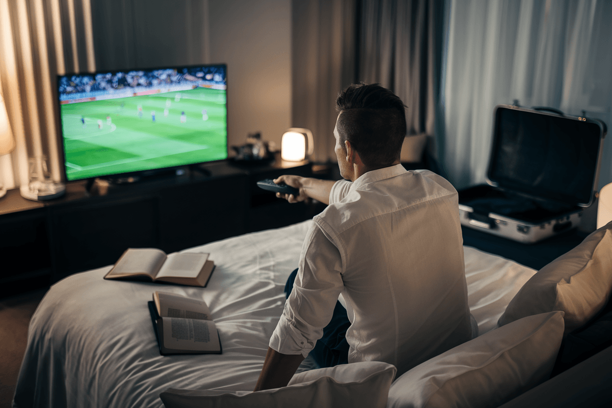 Man in a hotel room watching TV with a football match