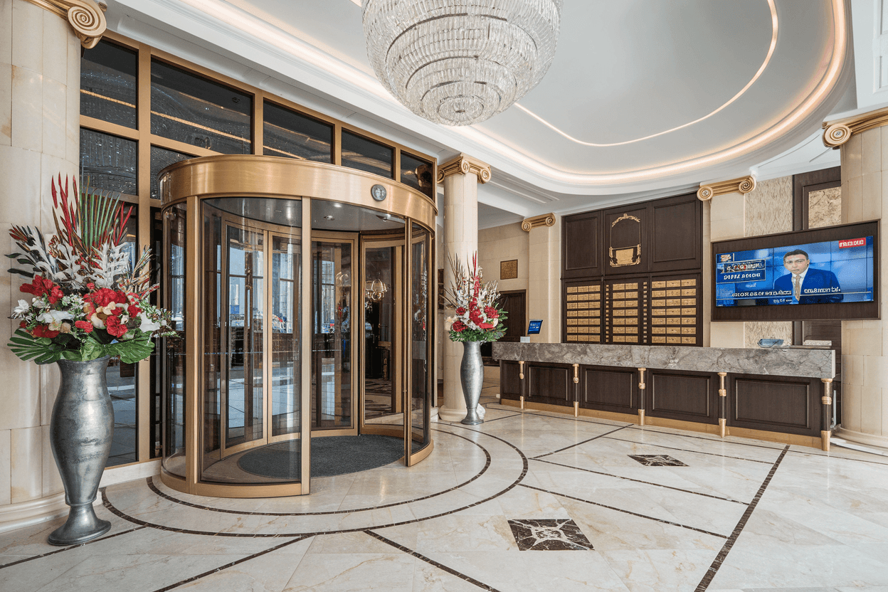 Luxurious hotel lobby with a TV broadcasting news