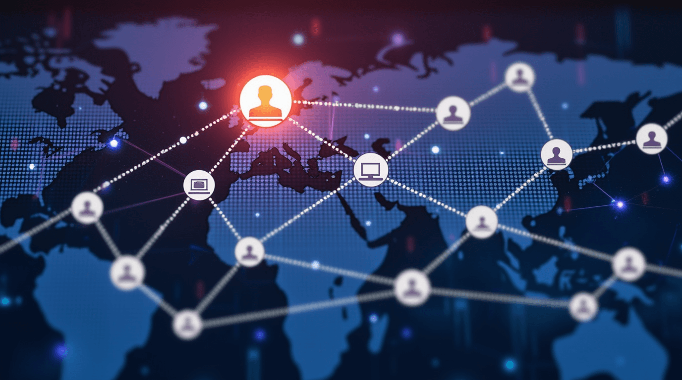 Rede global WebRTC com ícones de usuários e dispositivos conectados por linhas em um fundo de mapa mundial