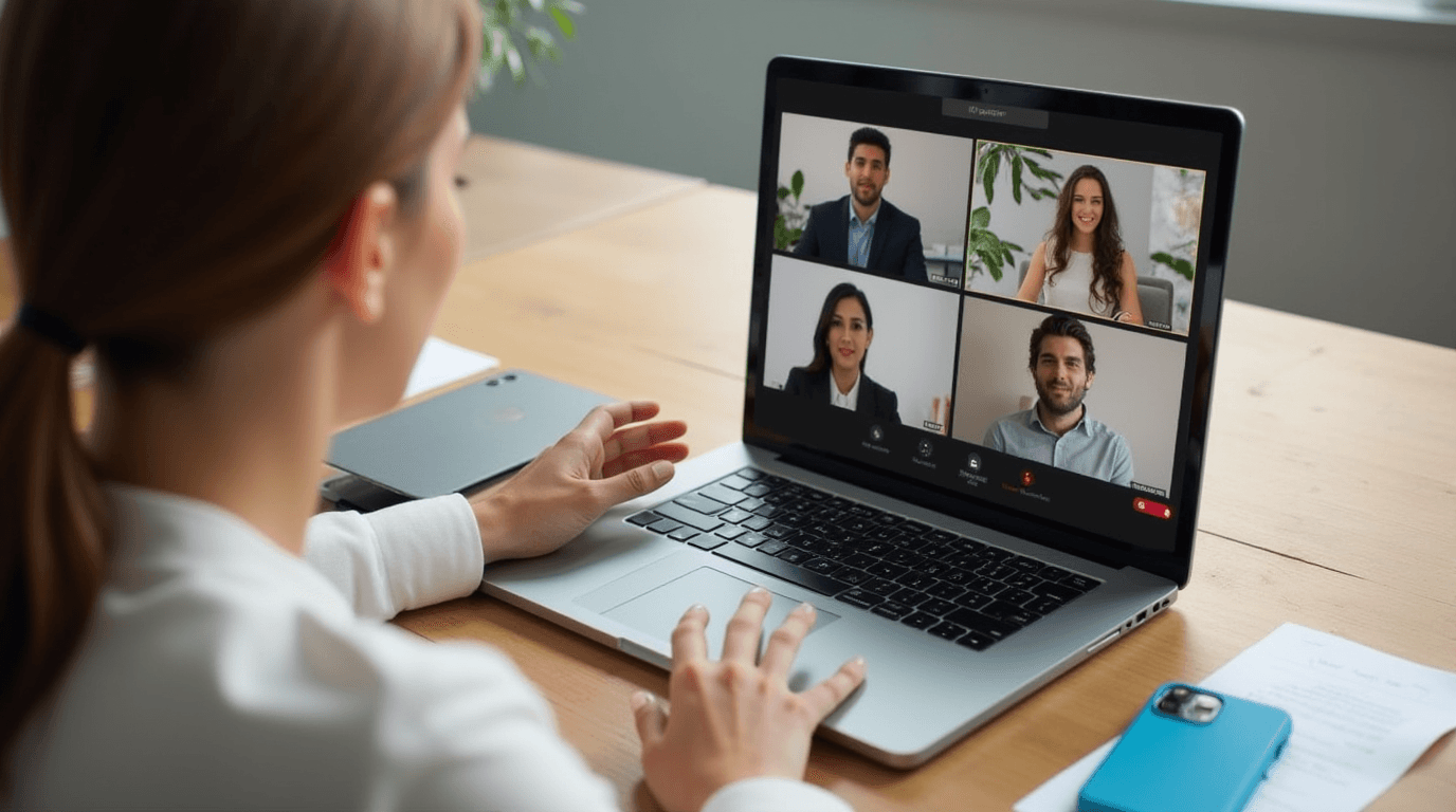 Mulher participando em uma videoconferência através de um laptop usando tecnologia WebRTC